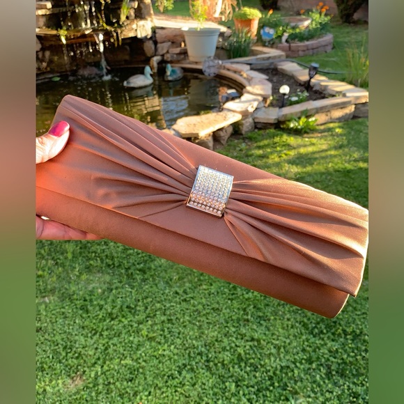 Chocolate Brown Satin Rhinestone Special Occasion Clutch NWT